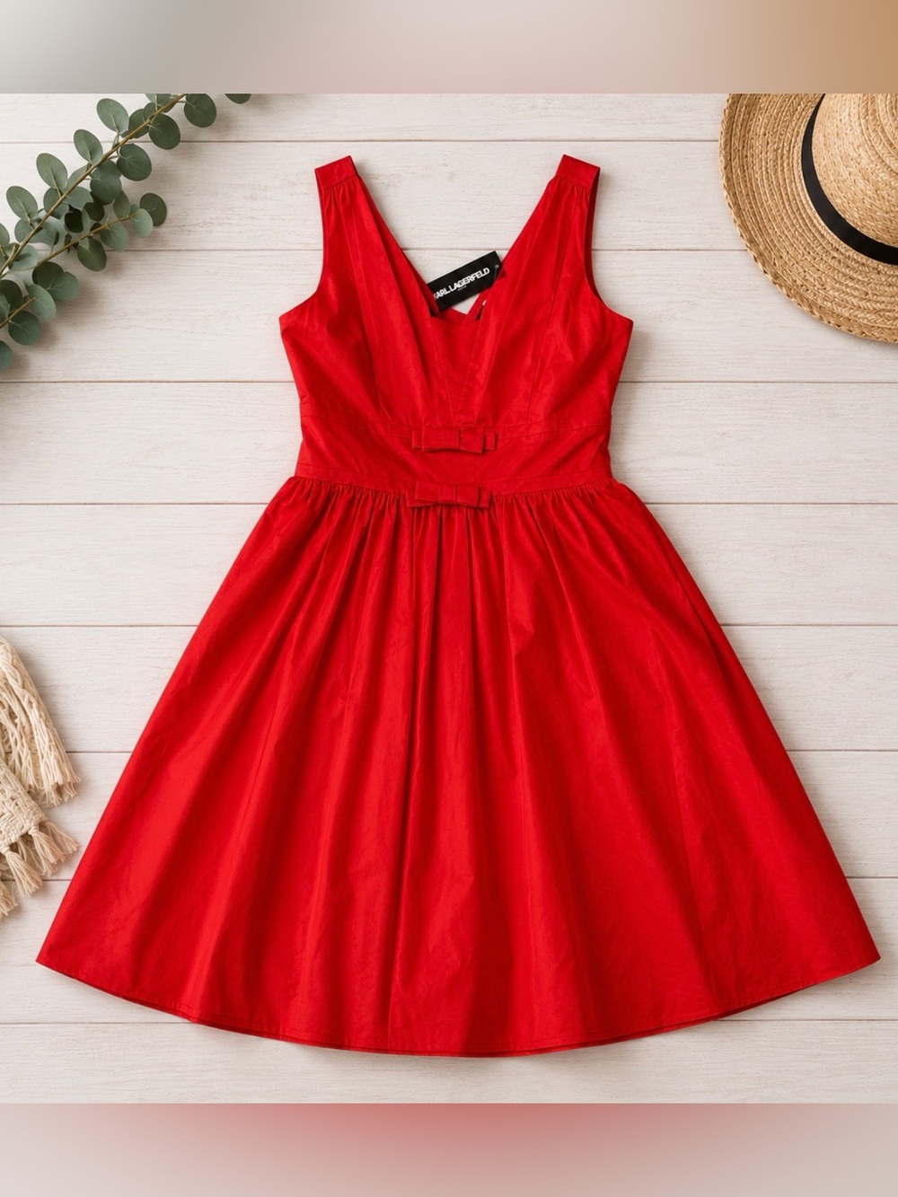 NWT Karl Lagerfeld Paris Vibrant Red Fit & Flare Midi Dress Bow Detail Size 6
